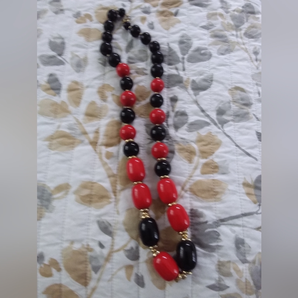 Vintage red..black..gold  wood bead necklace
